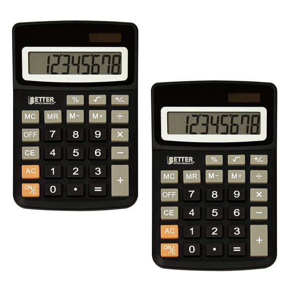 Better Office Products Desktop Calculators, 8-Digit LCD Display, Black, Dual Power with Included Button Battery, 2PK 00401